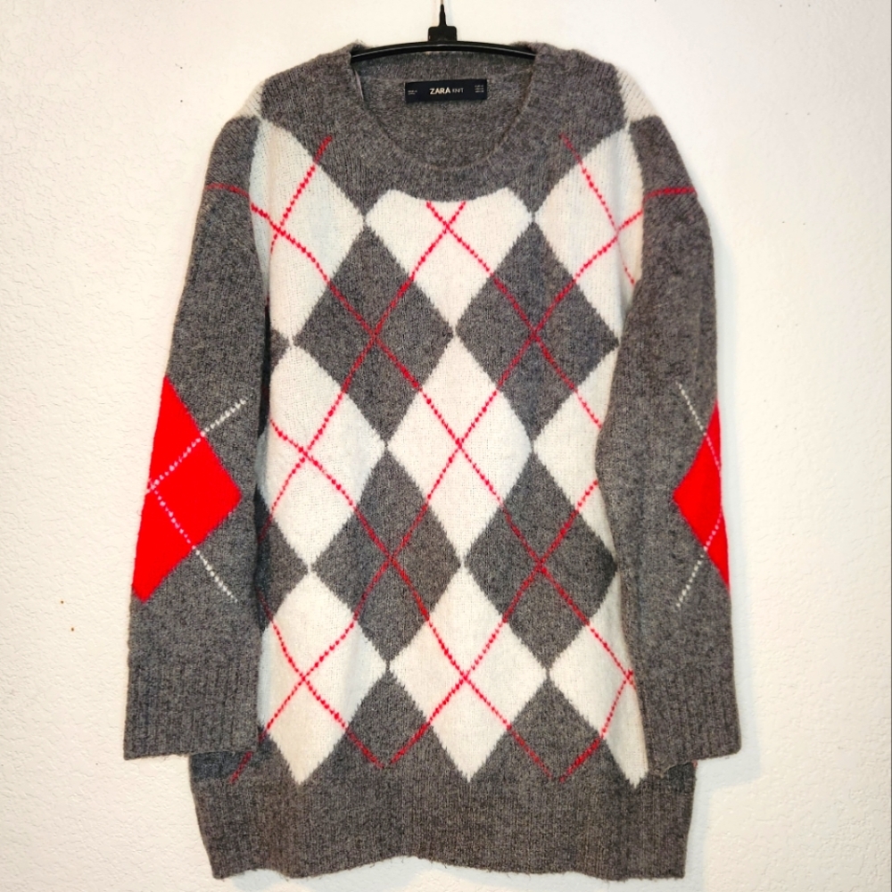 Zara Women's Gray and Red Argyle Sweater, Size M